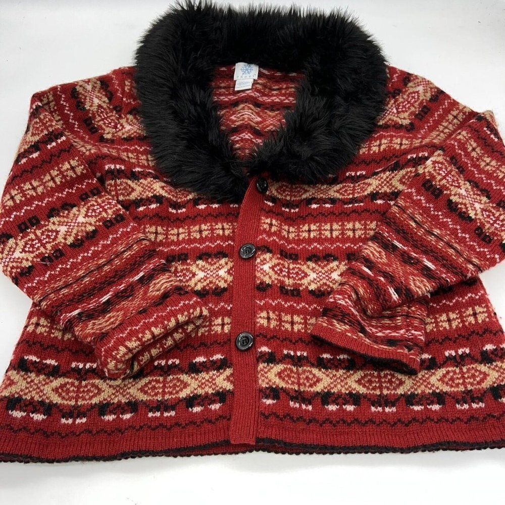Frost 100% Wool Faux Fur collar winter sweater cardigan size Large
